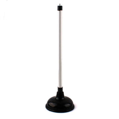 Plunger(L) with a long handle and compact rubber suction base for effective unclogging in households or commercial spaces.