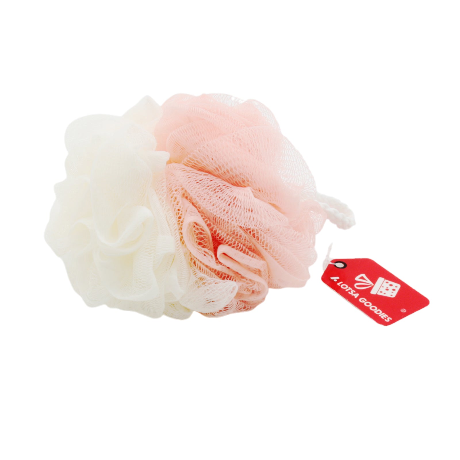 Shower Ball(50G) in pink and white, perfect for enhancing your shower experience and skin exfoliation.