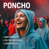 Adult Poncho – Lightweight Rain Protection (One Size) worn by smiling woman, showcasing waterproof and lightweight design.