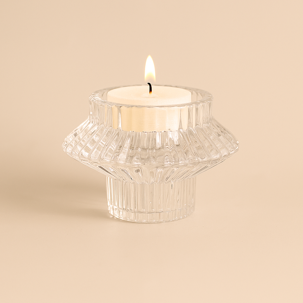 Crystal Glass Candle Holder – Dual-Sided Elegant Design (40ml) with tea light candle.