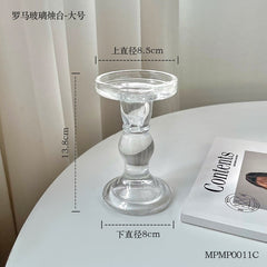 Candle Holder L.K. clear glass design with measurements for tabletop decor, height 13.8cm, diameter 8cm.
