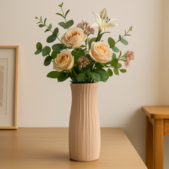 Textured Plastic Flower Vase – Pure White / Baby Pink / Mint Blue(3503) with flowers on a wooden table.