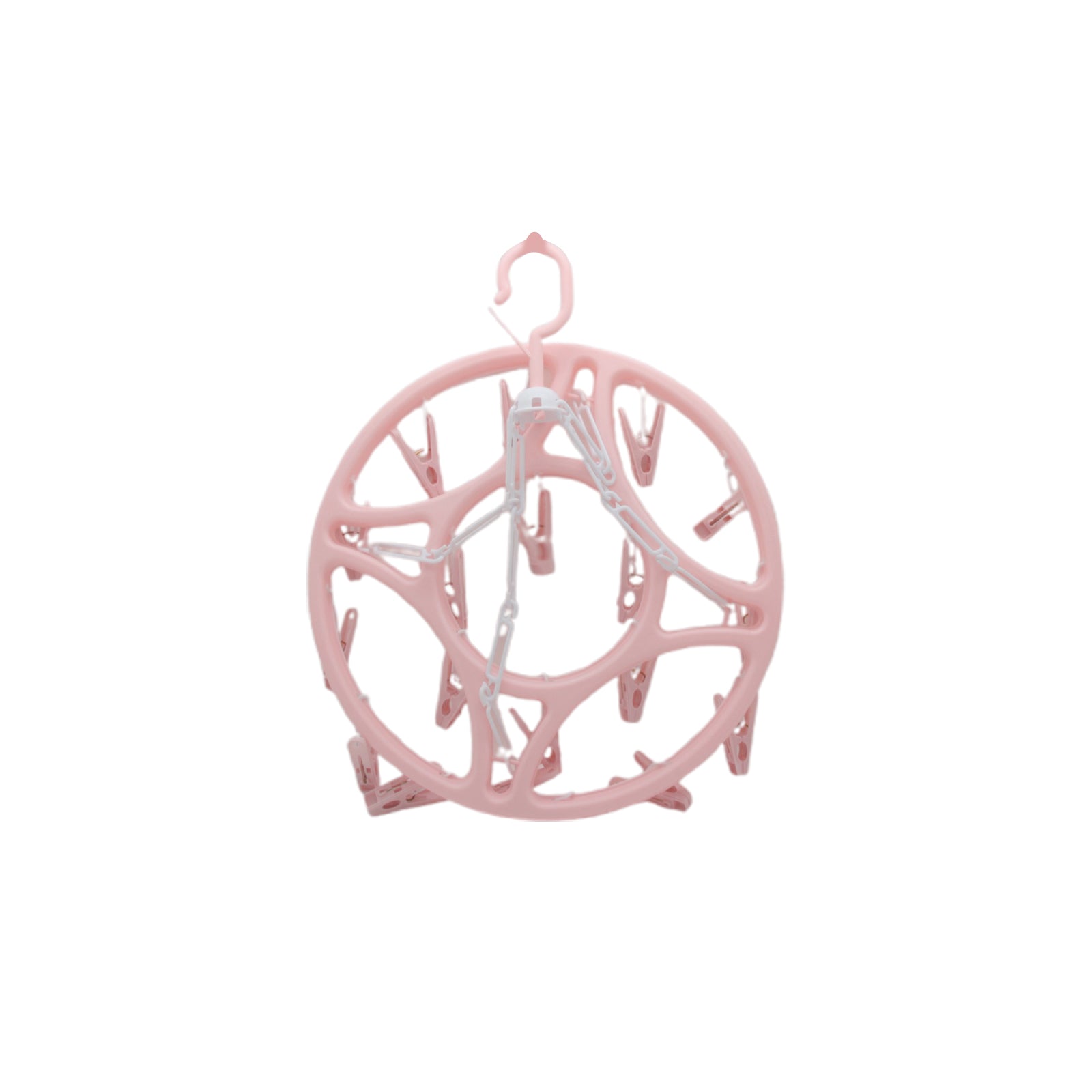 Round Hanging Drying Rack with Clips in pink color designed for efficient laundry drying.
