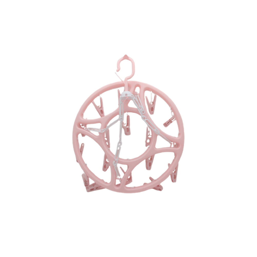 Round Hanging Drying Rack with Clips in pink color designed for efficient laundry drying.