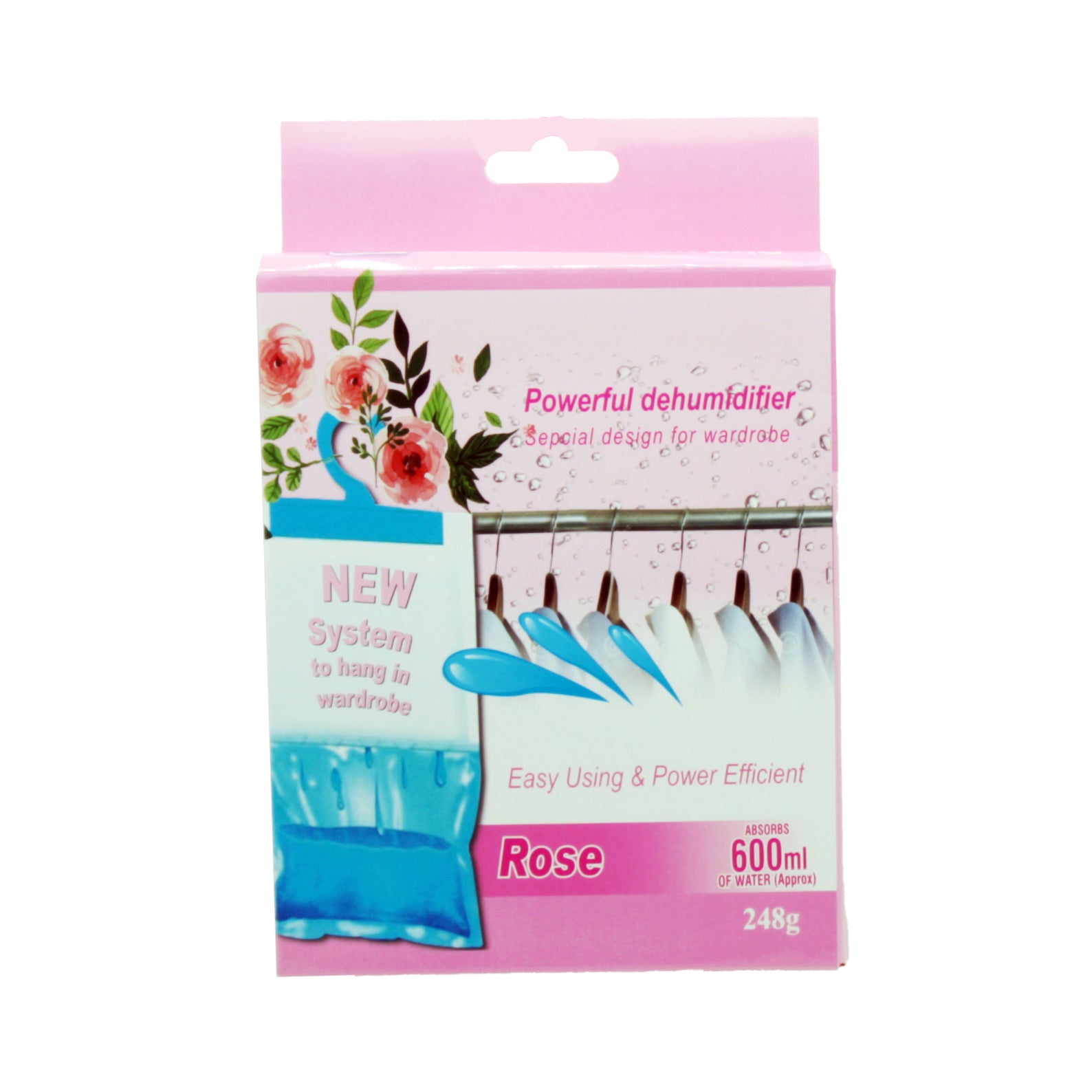 Hanging Wardrobe Dehumidifier packaging showcasing moisture absorption and easy-using features.