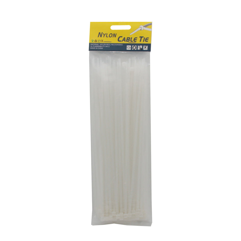White Cable Tie(3.6*250MM,100PCS) packaging with nylon cable ties for secure organization.