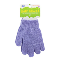 Soft purple Bath Gloves for gentle body wash, featuring a comfortable foaming texture and two-piece set.