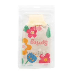 Colorful shower scrubbing glove in packaging with floral design for effective cleaning.