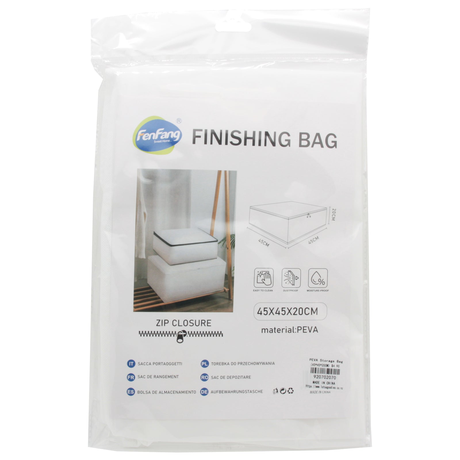 PEVA Storage Bag(45*45*20CM) in transparent packaging with zip closure for storage solutions.