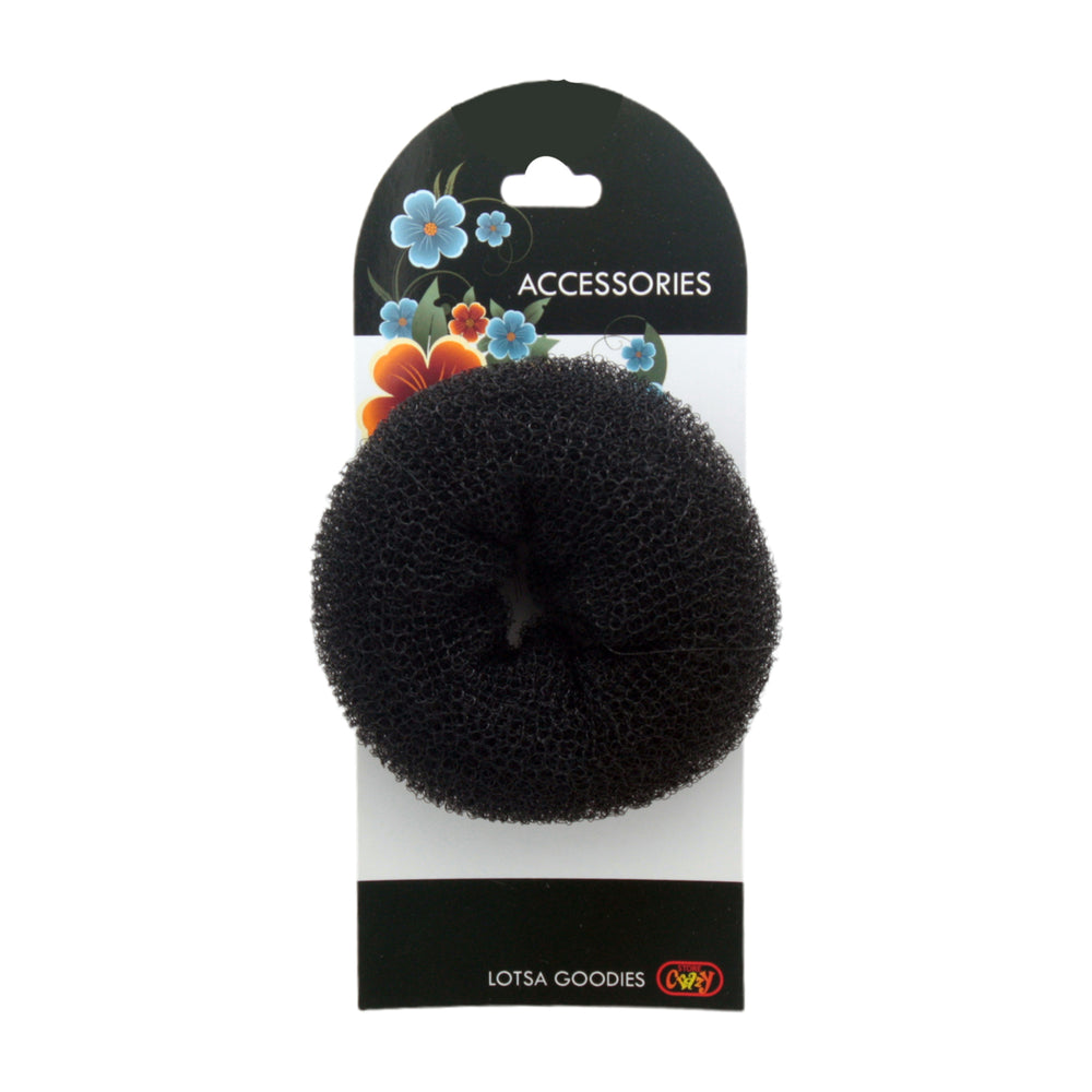 Hair Bun Black(¢8CM) in packaging showcasing a black mesh donut for creating voluminous hair buns.