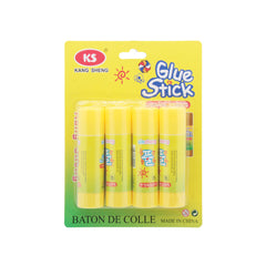๐ Glue Stick โ 4-Pack (Clean & Easy Use) in yellow packaging, ideal for paper crafts and school projects.