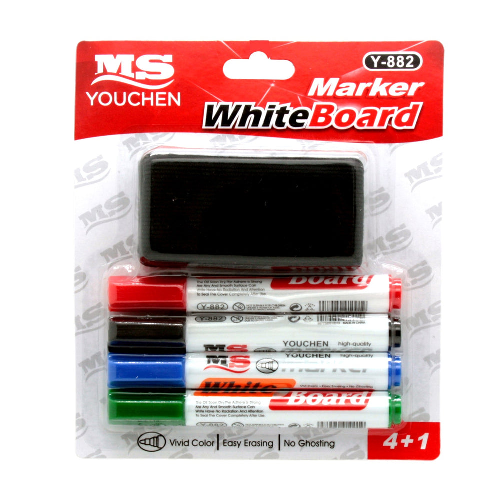 Whiteboard Marker Set – 4 Colours + Eraser featuring four vibrant markers and an eraser, perfect for home, school, or office.