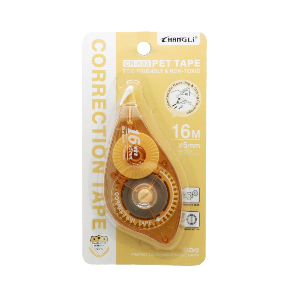 Correction Tape (CR-K53) in packaging, featuring extra-long 16m length and ergonomic design for precision correction.