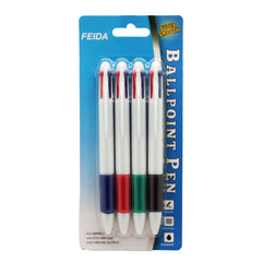 Multicolor Ballpoint Pen in packaging featuring four colors: black, blue, red, and green for smooth writing.