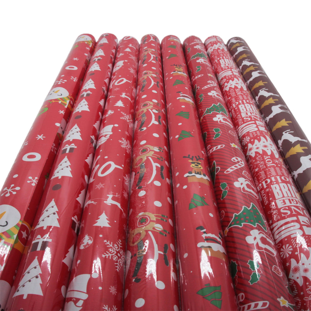 Christmas Wrapping Paper(70cm*2M)80gsm featuring various festive patterns wrapped artistically in rolls.