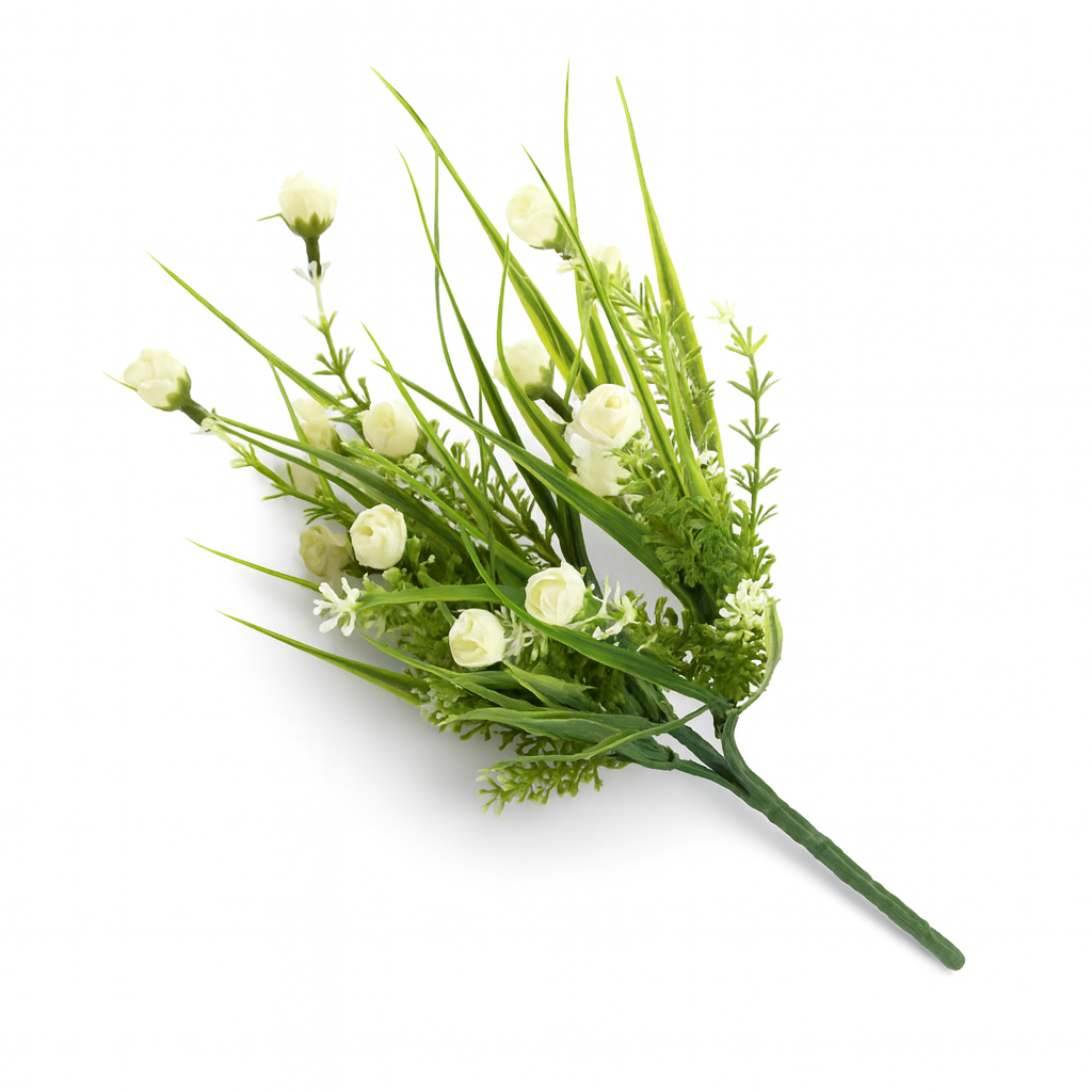 Artificial Grass Bouquet – Decorative Faux Floral Picks (AP) with realistic green stems and white flowers.