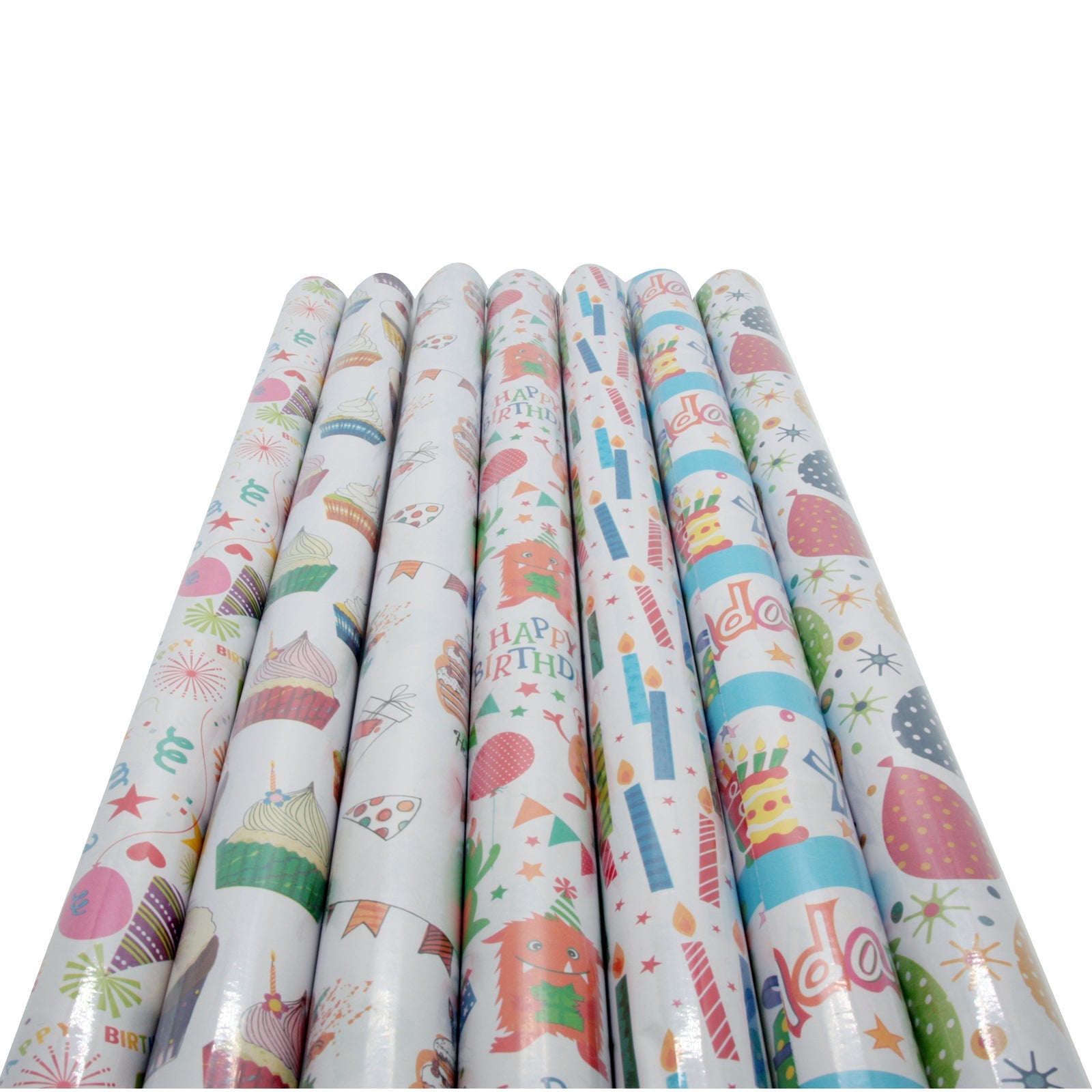 Colorful Birthday Wrapping Paper(70CM*2M) rolls featuring festive designs for birthday celebrations.