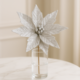 🌺 Red Sequin Christmas Flower Stick(Single Stem) in a glass vase, featuring shimmering silver petals for festive decor.