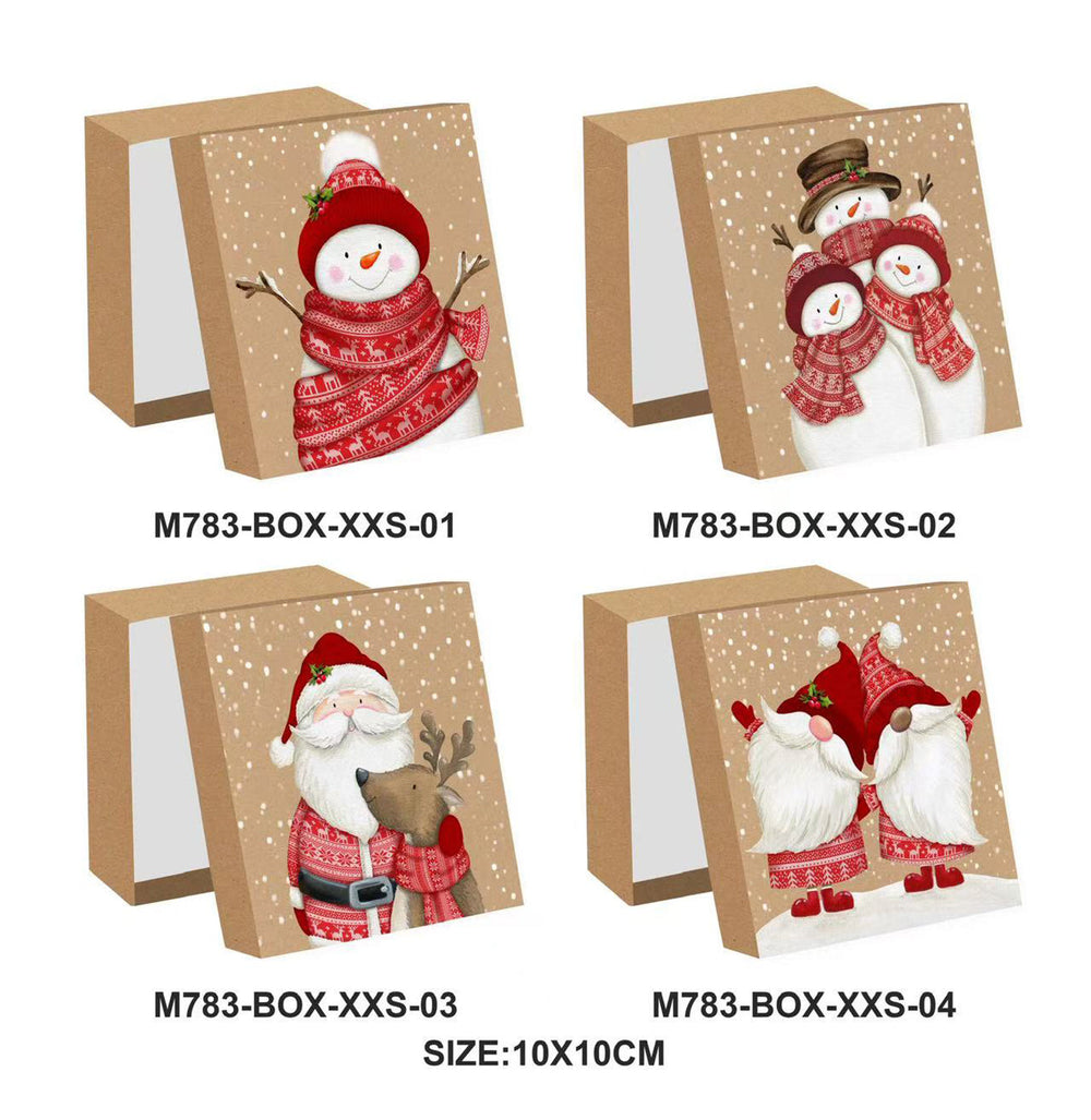 X-mas Gift Box(10*10*2.2CM) featuring festive snowman and Santa designs on kraft paper.