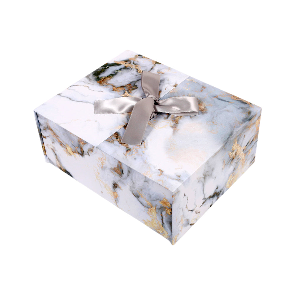 2/3 Foldable Gift Box with Ribbon (26*21*10CM) featuring an elegant marble design and gray ribbon.