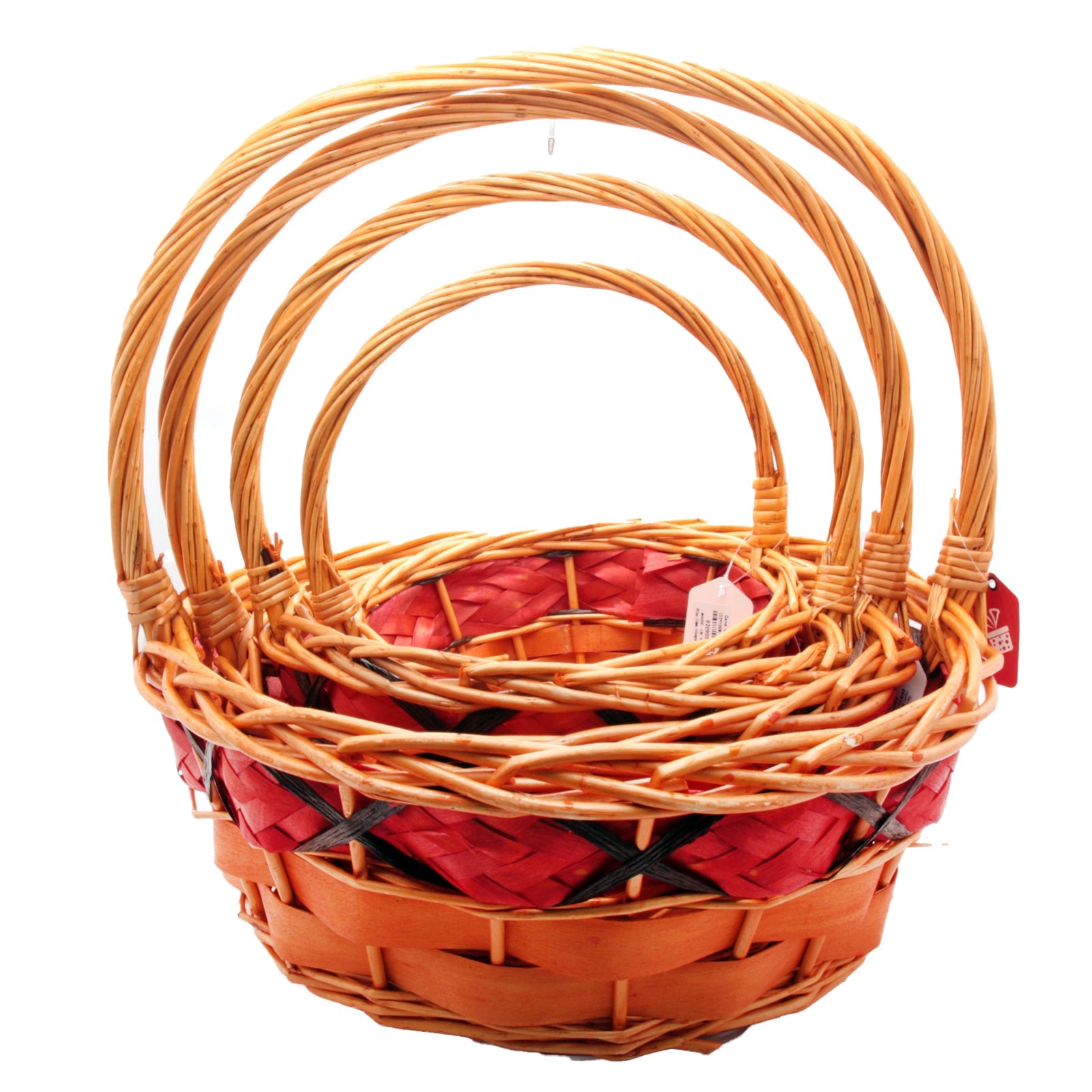 ๐ Round Woven Gift Basket with Handle โ Red Accent(1501) โ Lined Holiday Set, nested cane basket set for gifts.