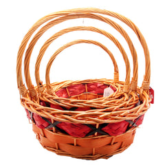 ๐ Round Woven Gift Basket with Handle โ Red Accent(1501) โ Lined Holiday Set, nested cane basket set for gifts.