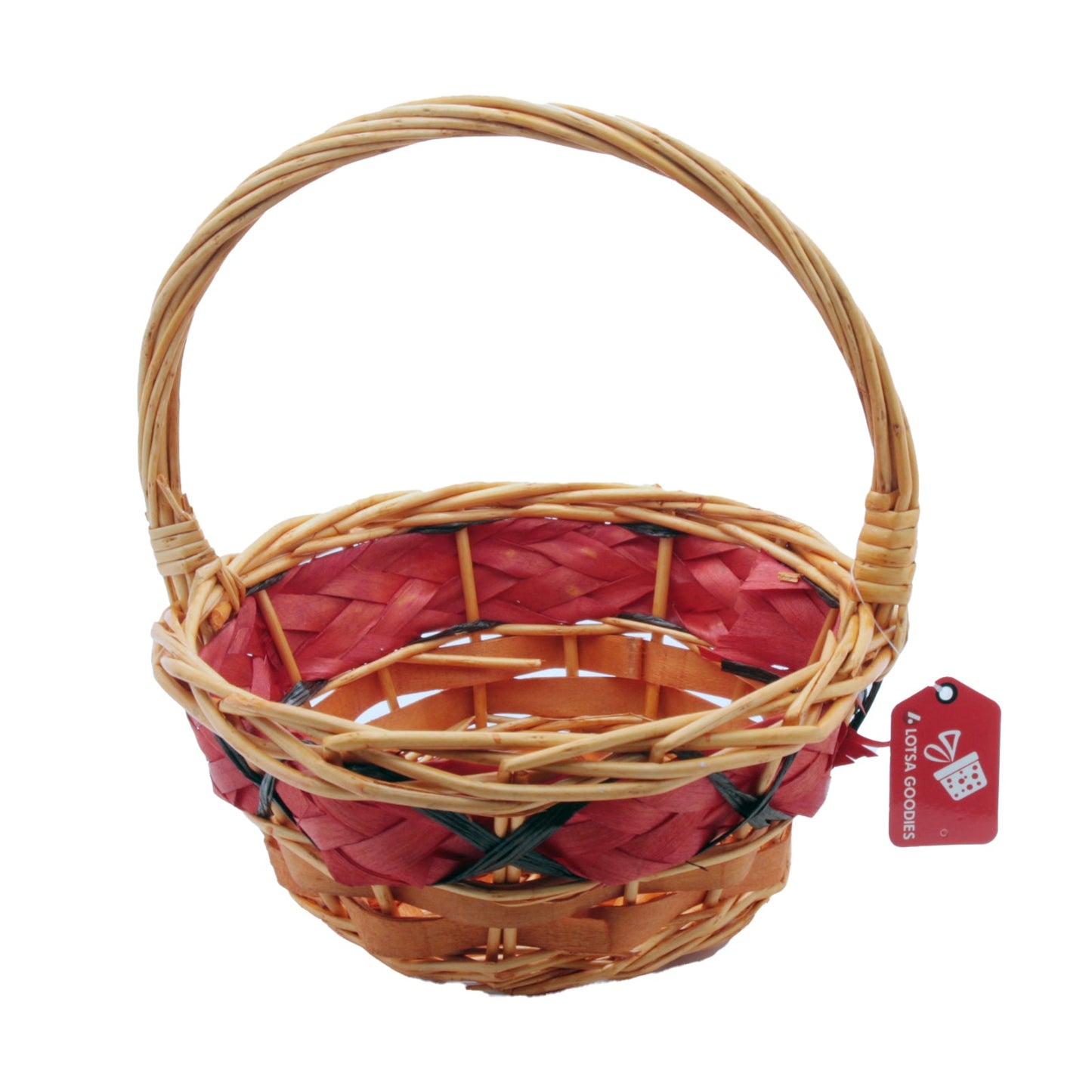 ๐Round Woven Gift Basket with Handle โ Red Accent L(33ร12CM/1501) - handcrafted cane basket with red inner lining.