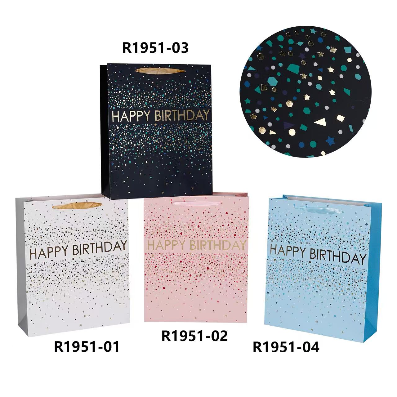 Four colorful birthday gift bags featuring 'HAPPY BIRTHDAY' text, Birthday Gift Bag HB(26*32*10CM/R1951M).