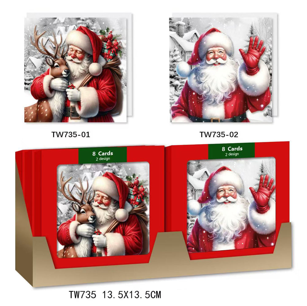 X-mas Pack Card SQ(8PCS/TW735) featuring Santa Claus and reindeer designs, perfect for holiday greetings.