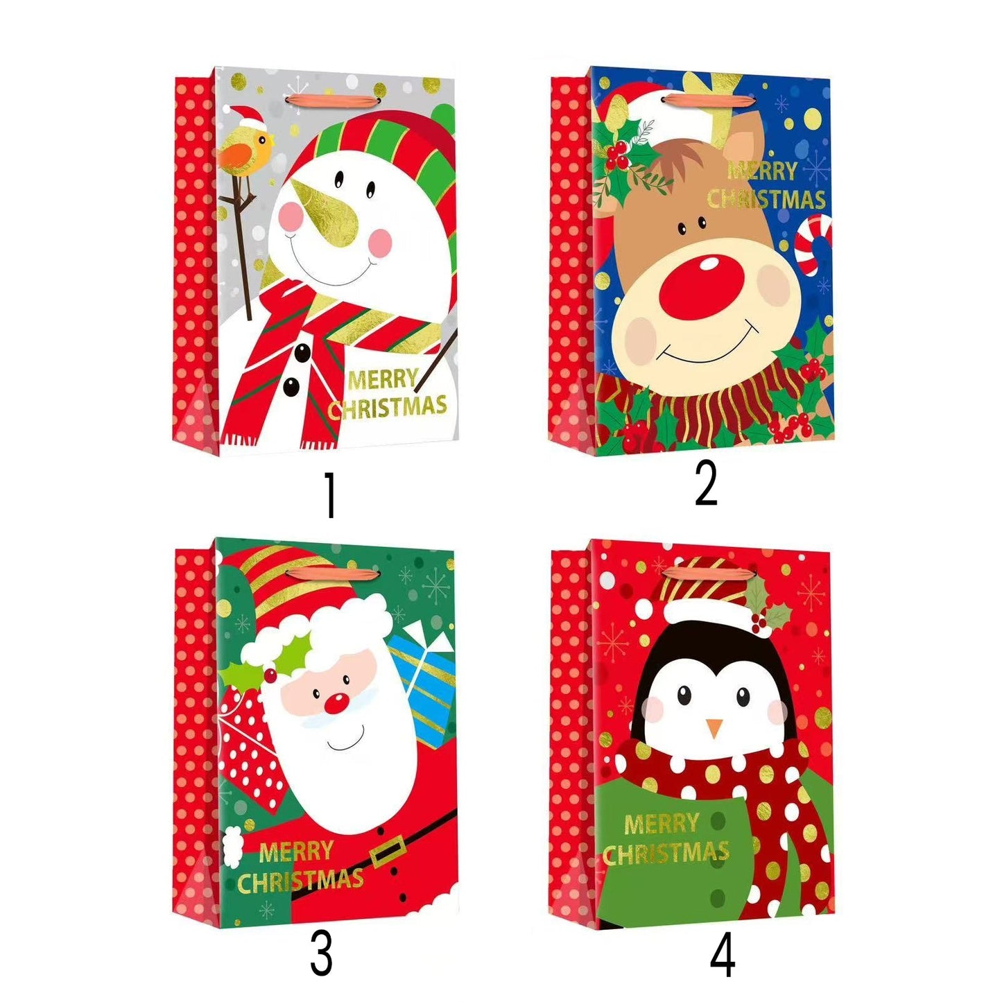 Cute Christmas Character Gift Bag(39*30*12CM/755L) featuring festive designs including snowman, reindeer, Santa, and penguin.