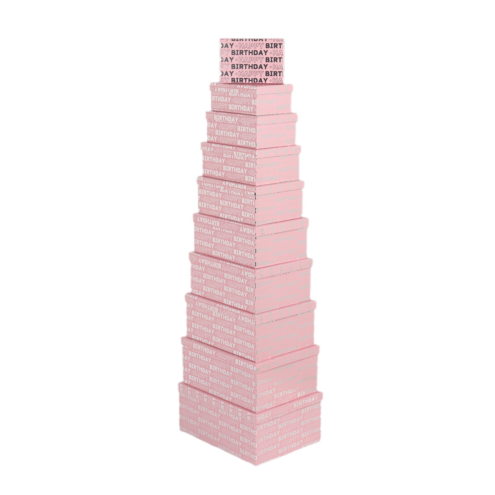 10PCS Silver Birthday Pink Gift Box Whole Set stacked in a decorative tower for celebrations.