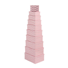 10PCS Silver Birthday Pink Gift Box Whole Set stacked in a decorative tower for celebrations.