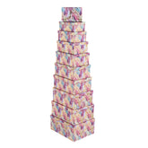 10PCS Gold Feather Purple Gift Box Whole Set stacked in a pyramid formation with colorful feather designs.