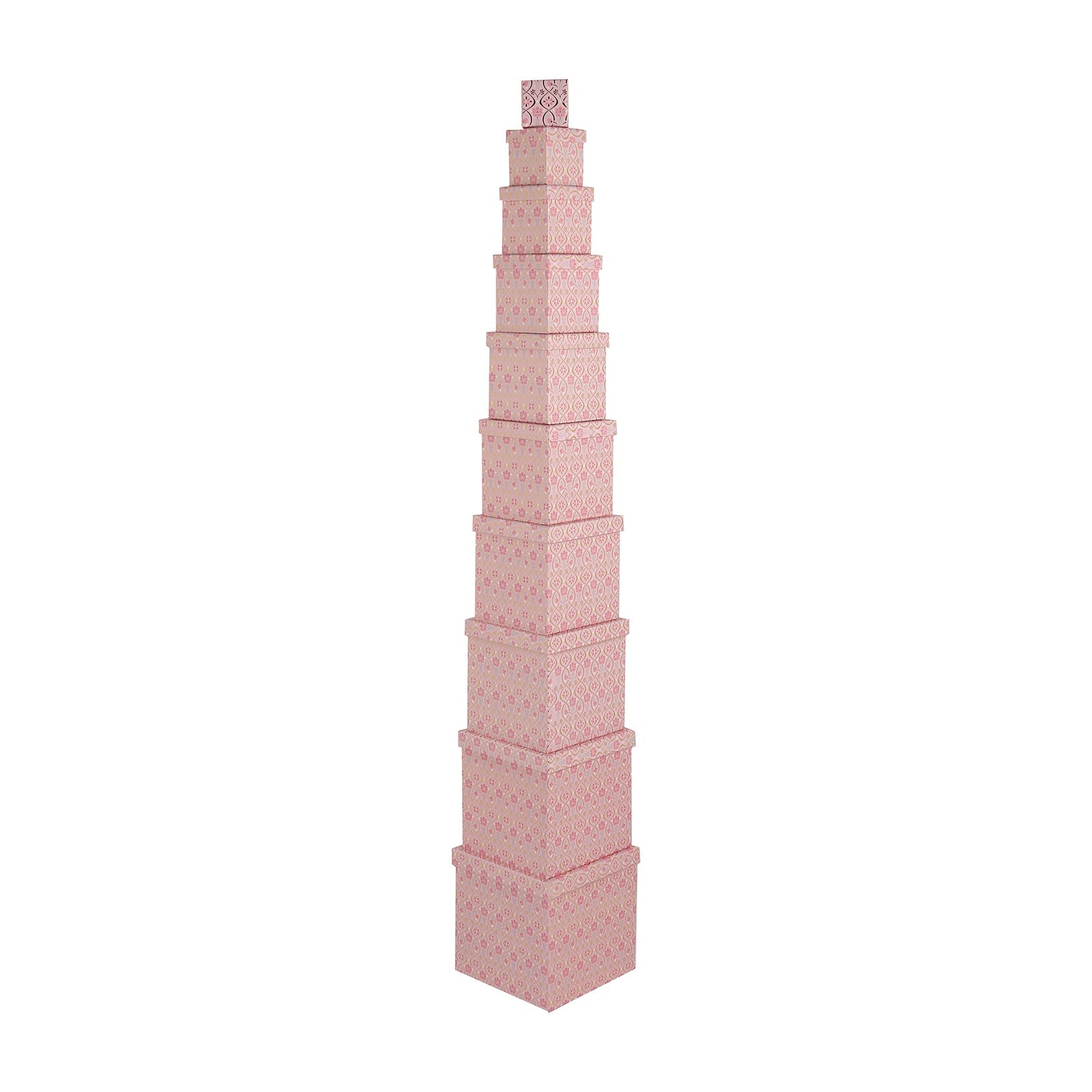 10PCS Gold Pattern Pink Gift Box Whole Set stacked in a tower, showcasing elegant design and versatility for gifts.