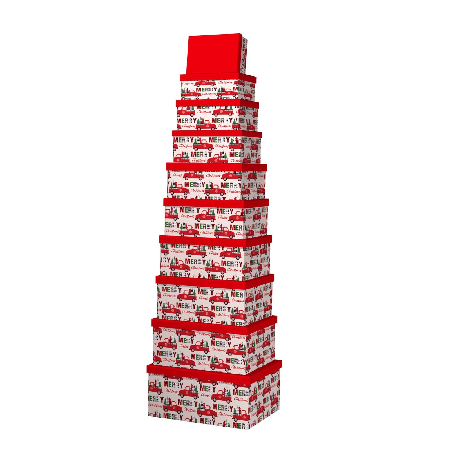 10PCS Red Truck Christmas Gift Box Whole Set stacked in a festive display.