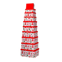 10PCS White Christmas Icons Gift Box Whole Set stacked in decorative festive design with red and white colors.
