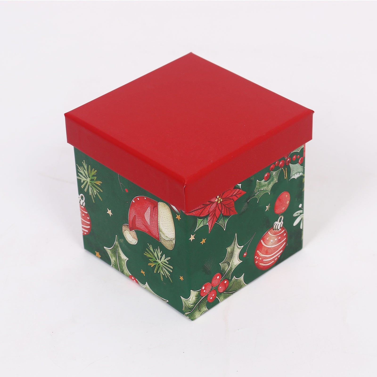 9/10 Green Christmas Icons Cube Box(10.5*10.5*10.5CM) with festive design and red lid.