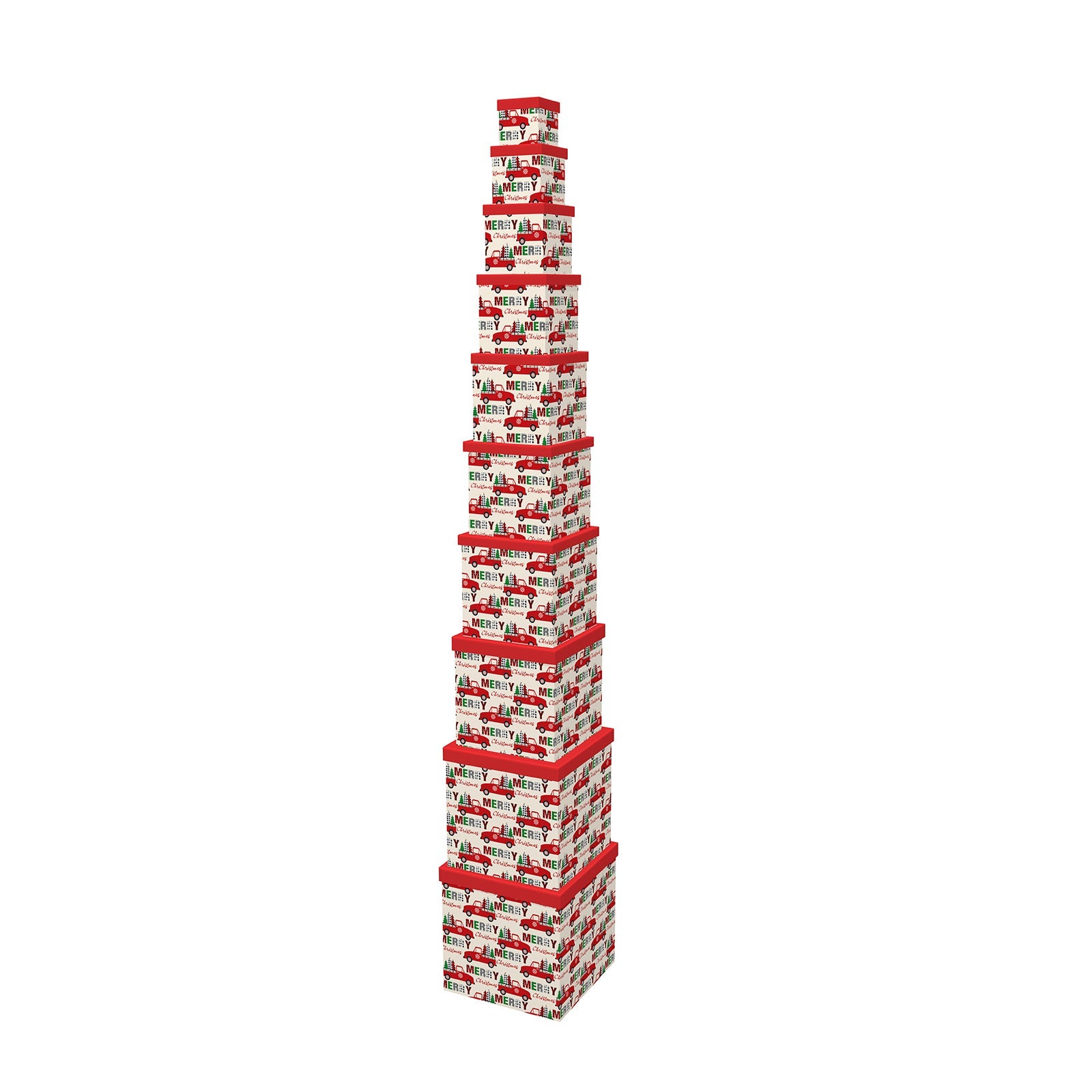10PCS Red Truck Christmas Cube Box Whole Set stacked in a decorative tower for festive holiday decor.