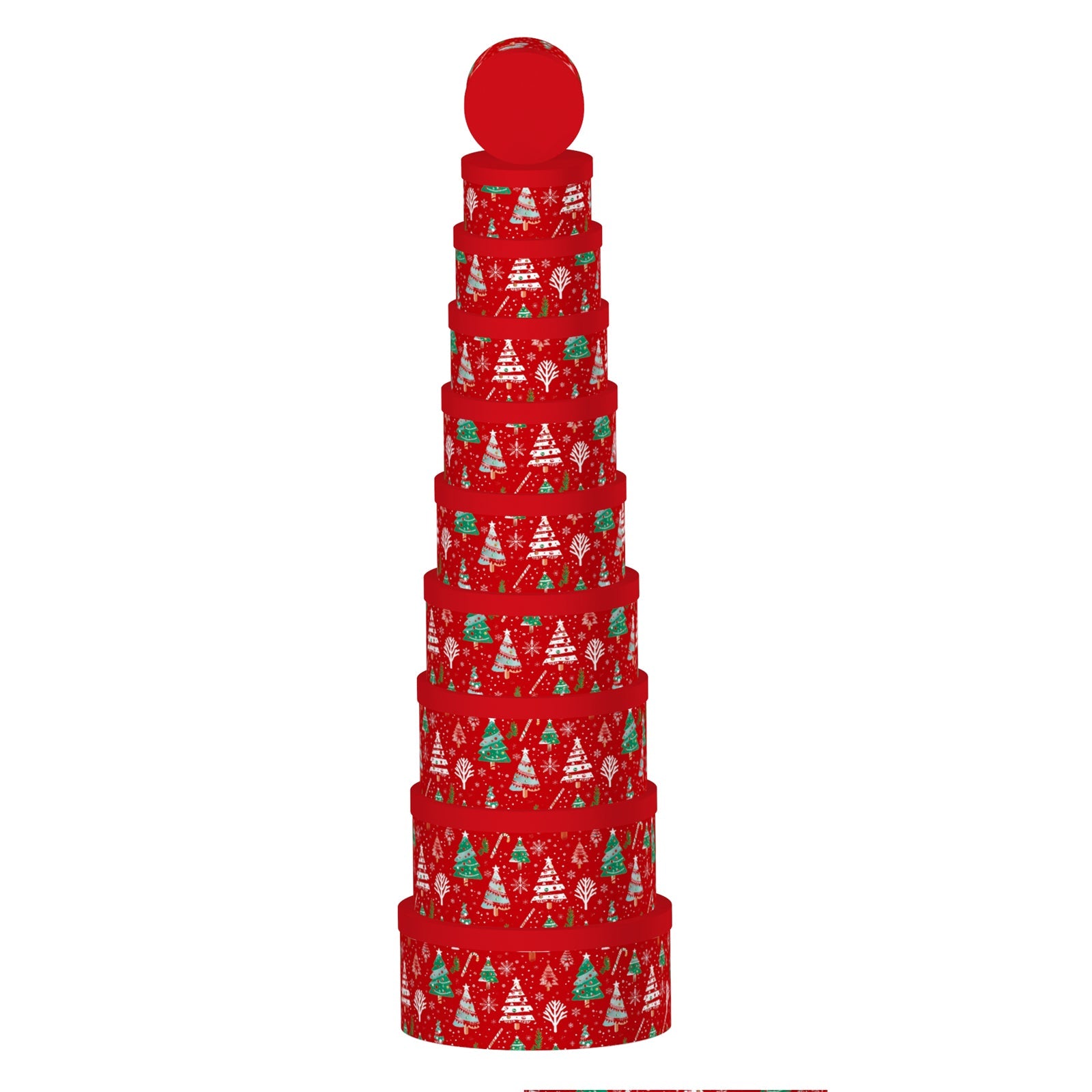 10PCS Christmas Tree Cake Box Whole Set stacked in a festive red design with trees and a star on top.