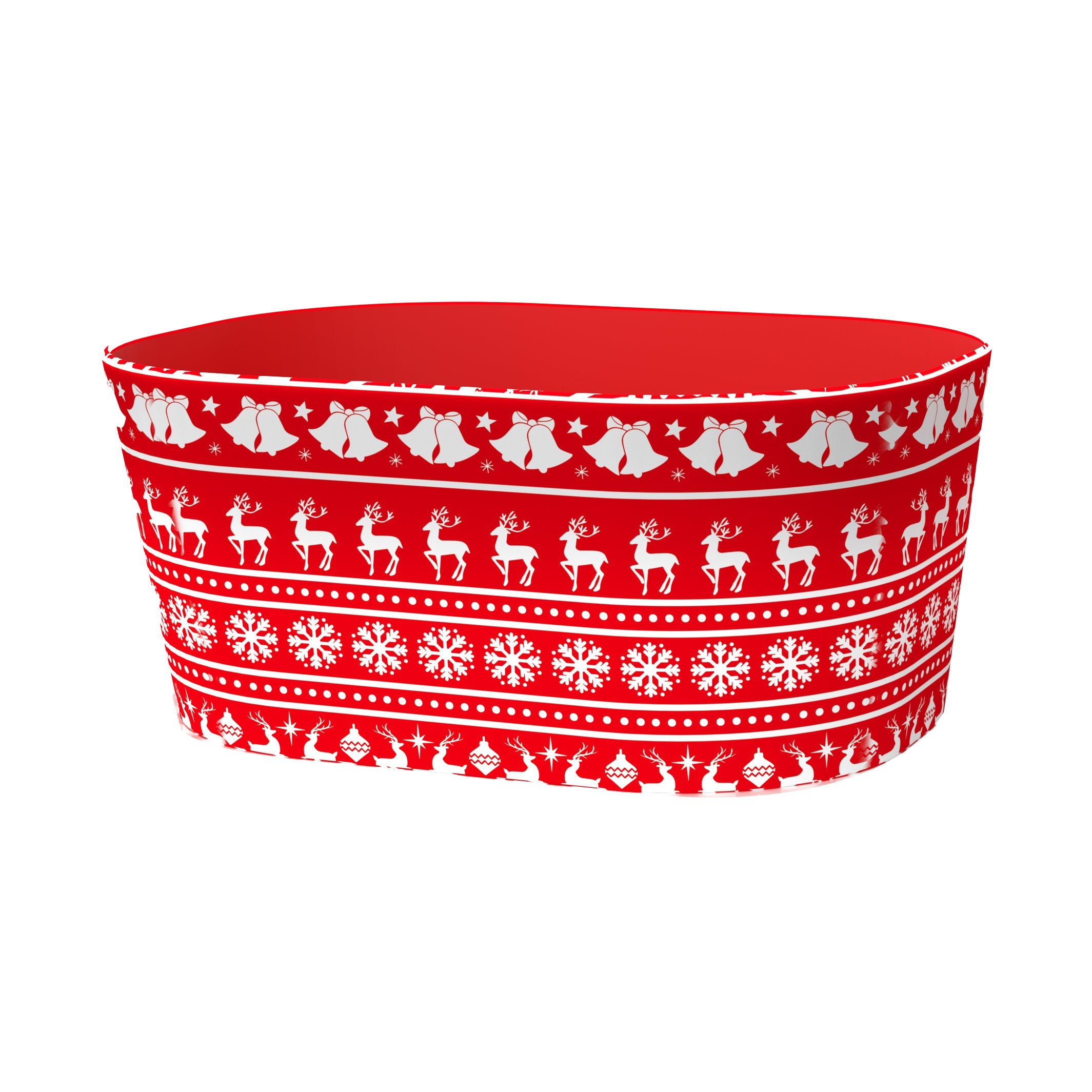 Oval Christmas Gift Basket Reindeer(31*22*14CM) in festive red design with reindeer and snowflakes.