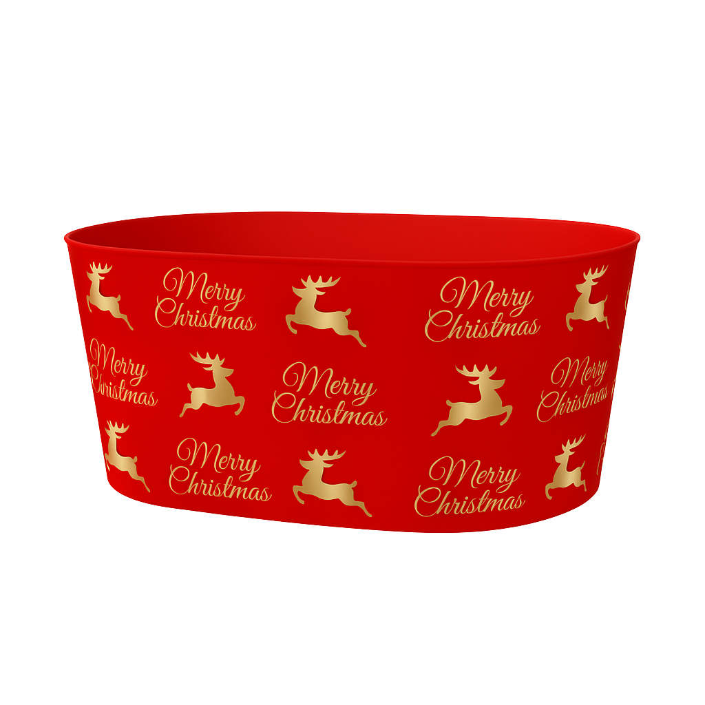 Deer Christmas Oval Basket(31*22*14CM) with red and gold reindeer and Merry Christmas design.