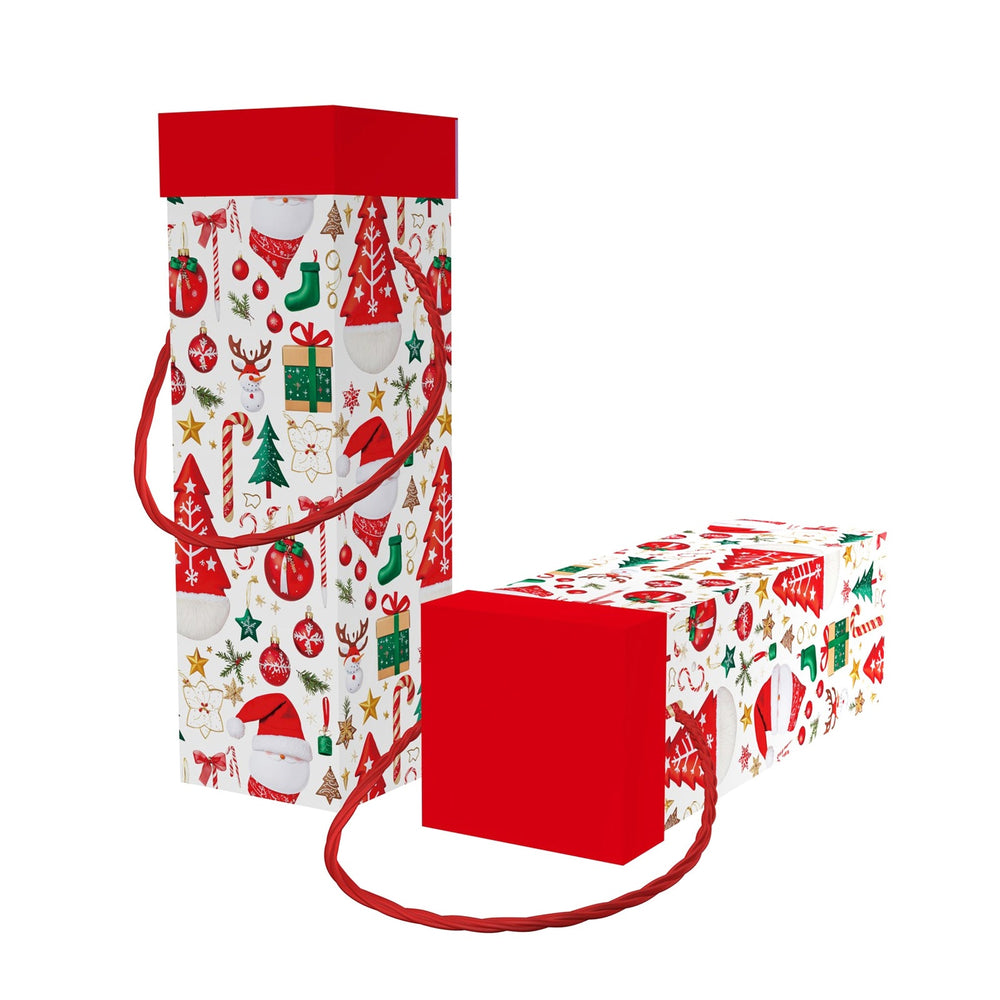 Santa Icons Wine Box Red Top(10.5*10.5*33.5CM) with festive holiday designs and red top.