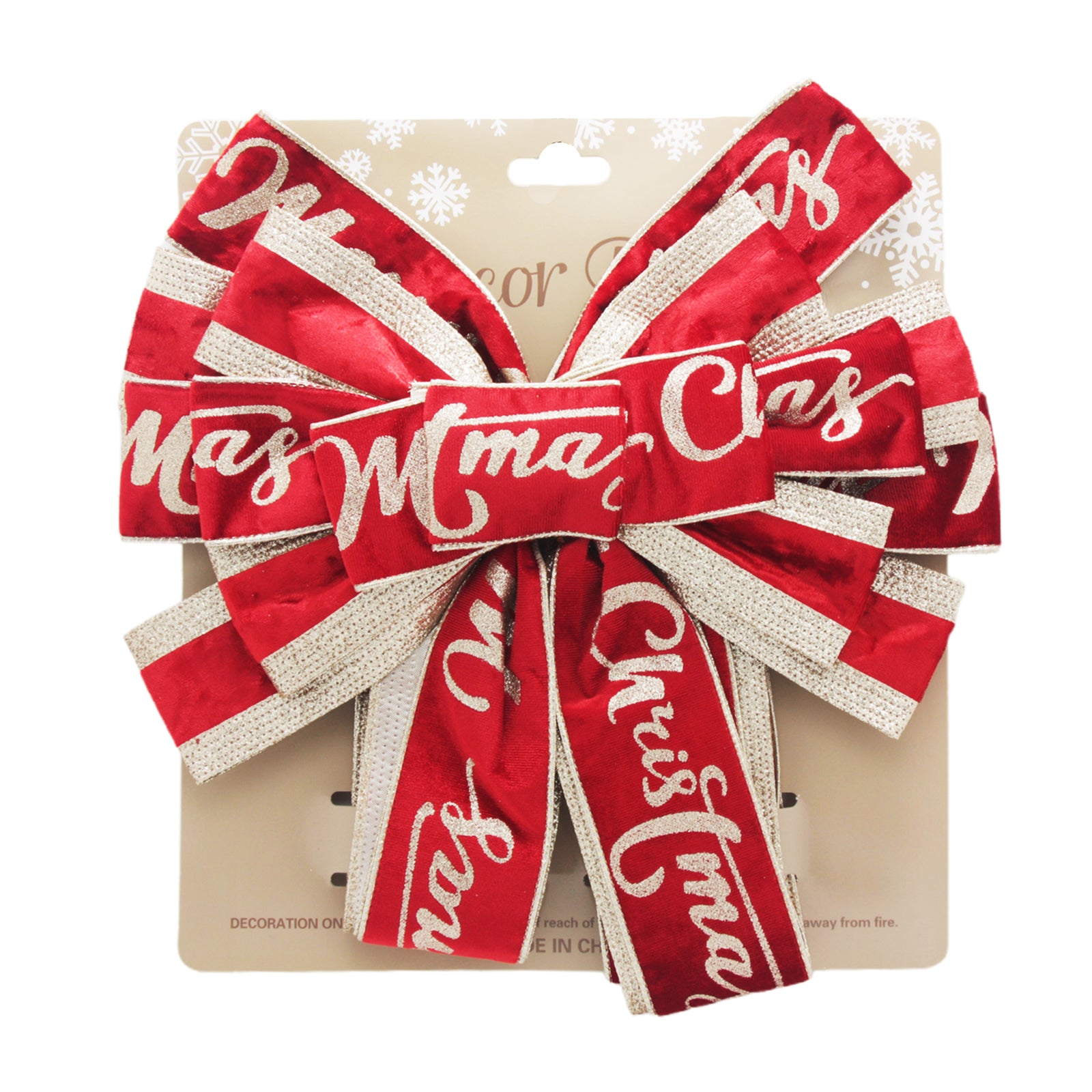 Deluxe Christmas Velvet Bow(33*135CM) in vibrant red with gold lettering, perfect for holiday decorations.