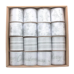 S&W Christmas Wired Ribbon(6.3CM*3YDS) collection in a box featuring silver and white designs.