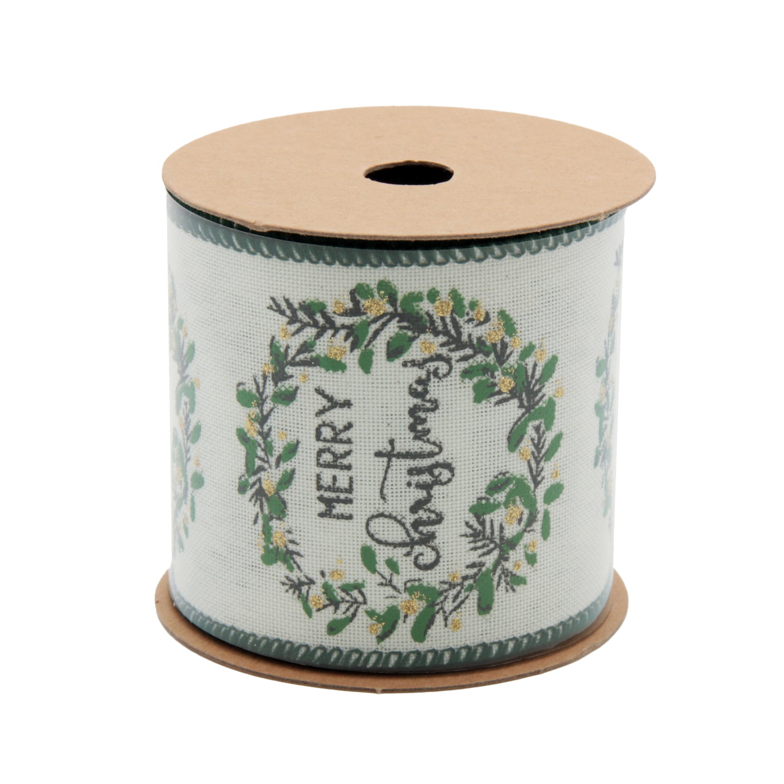 Rustic Green Christmas Ribbon(6.3CM*3YDS) roll with Merry Christmas design for holiday decorations.