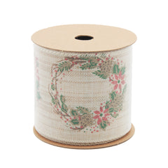 Rustic Green Christmas Ribbon(6.3CM*3YDS) on roll with festive wreath design for holiday decorations.