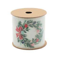 Rustic Green Christmas Ribbon(6.3CM*3YDS) on a roll with festive wreath design.
