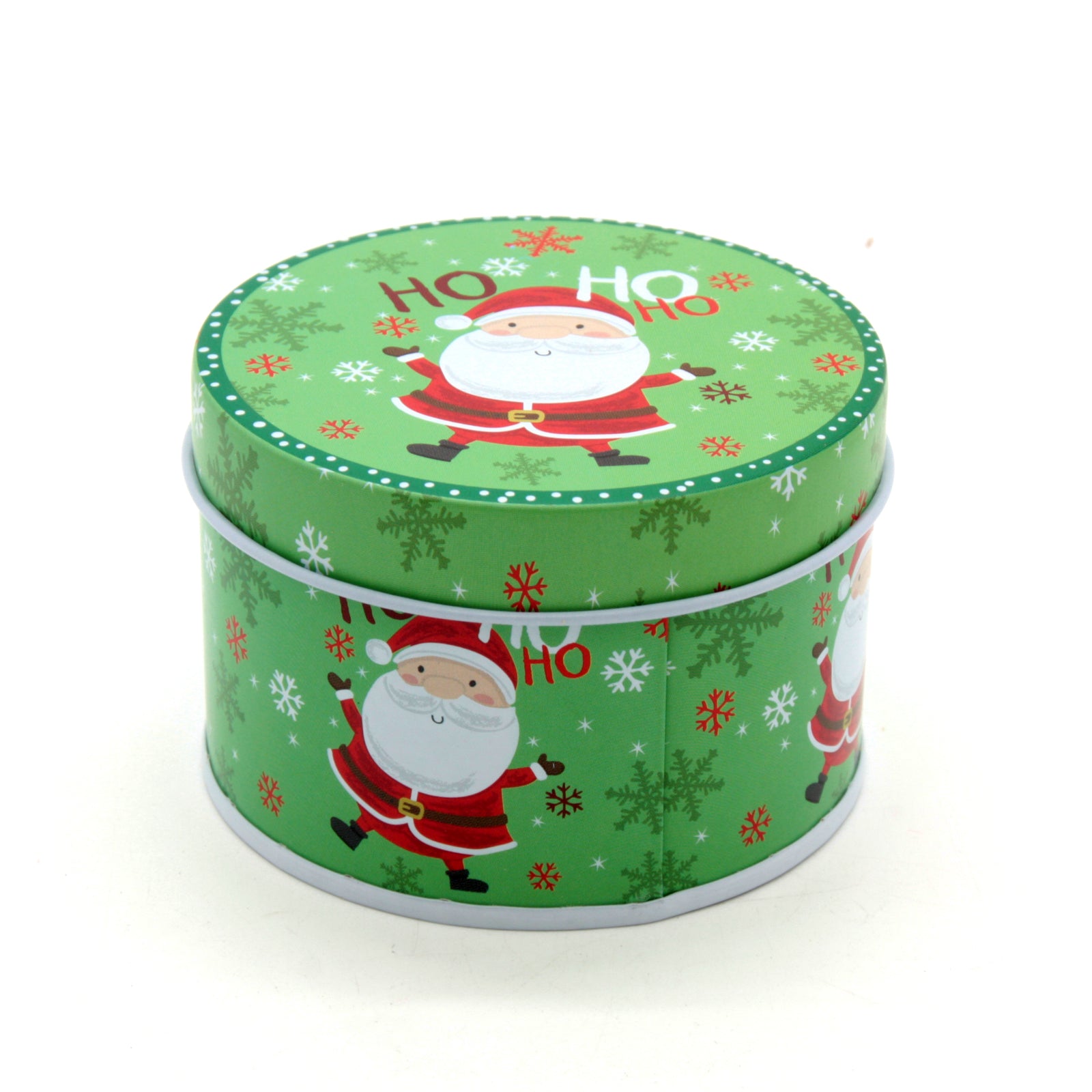 Christmas RD Tin Box(7.5*5CM) with festive Santa design and snowflakes, perfect for holiday gifting.