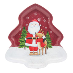 Christmas Tin Tree Plate(25.8*25CM) featuring Santa and reindeer with a festive design.