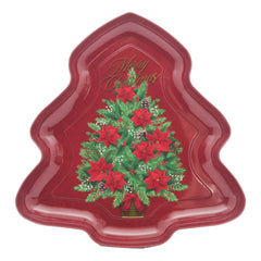 Christmas Tin Tree Plate(25.8*25CM) with festive poinsettia design for holiday serving.